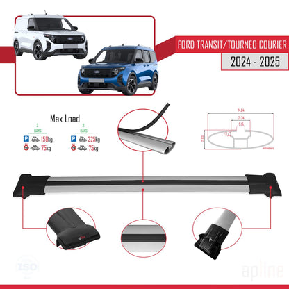 FLY Model Dakdrager bagagedrager compatibel met Ford Transit/Tourneo Courier 2024-2025 Spoorstaven Grijs Aluminium 2 Staven