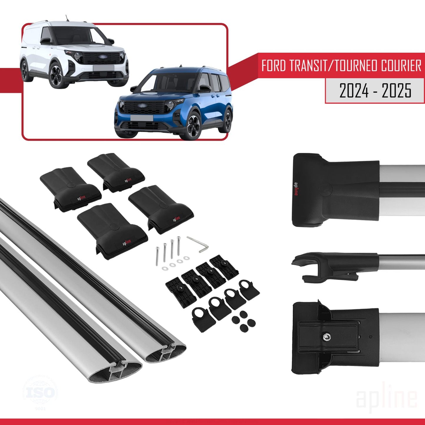 FLY Model Dakdrager bagagedrager compatibel met Ford Transit/Tourneo Courier 2024-2025 Spoorstaven Grijs Aluminium 2 Staven