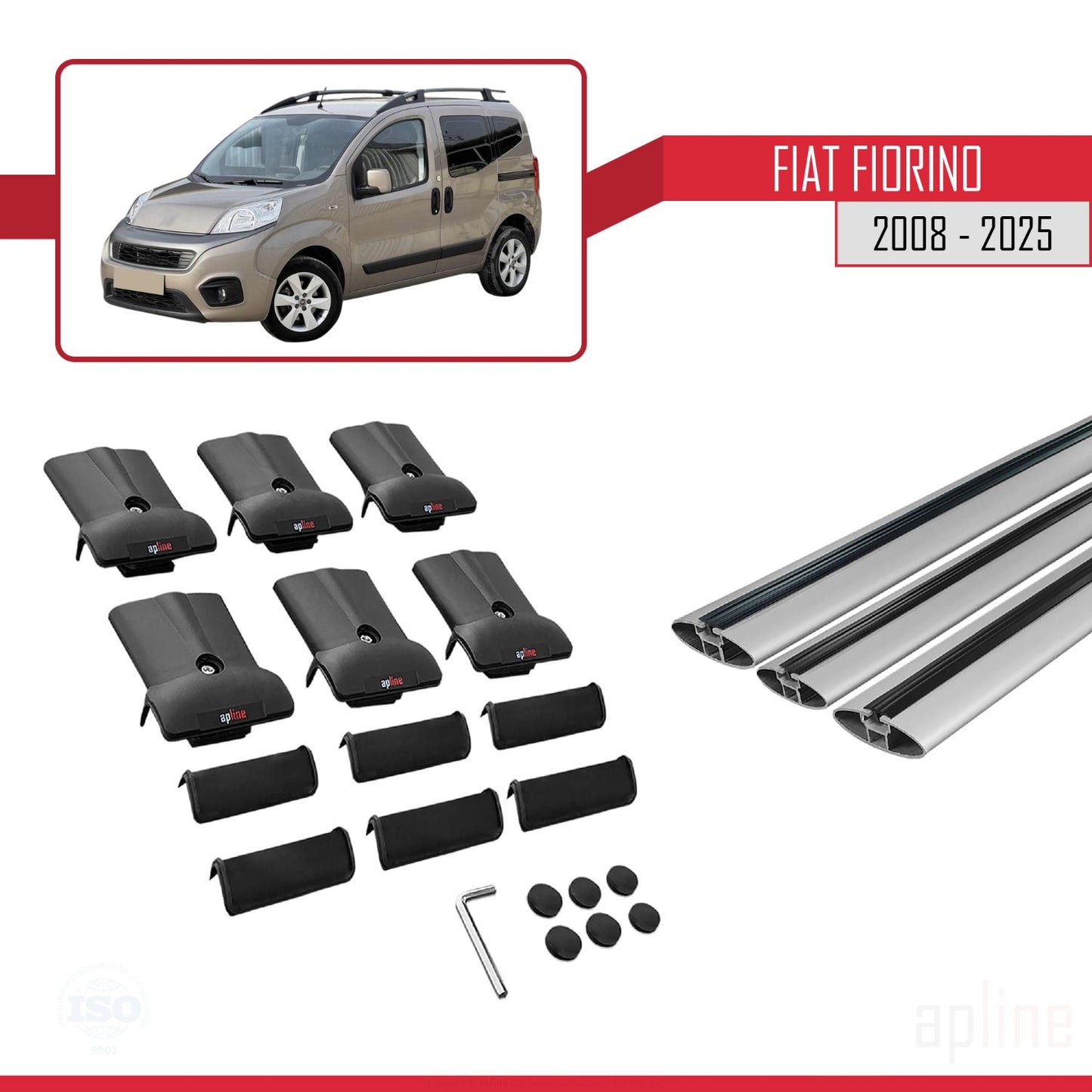 Compatible avec Fiat Fiorino (Modèle Tubulaire) 2008-2025 FLY Model Barres de Toit Railing Porte-Bagages de Voiture Gris Aluminium 3 Barres
