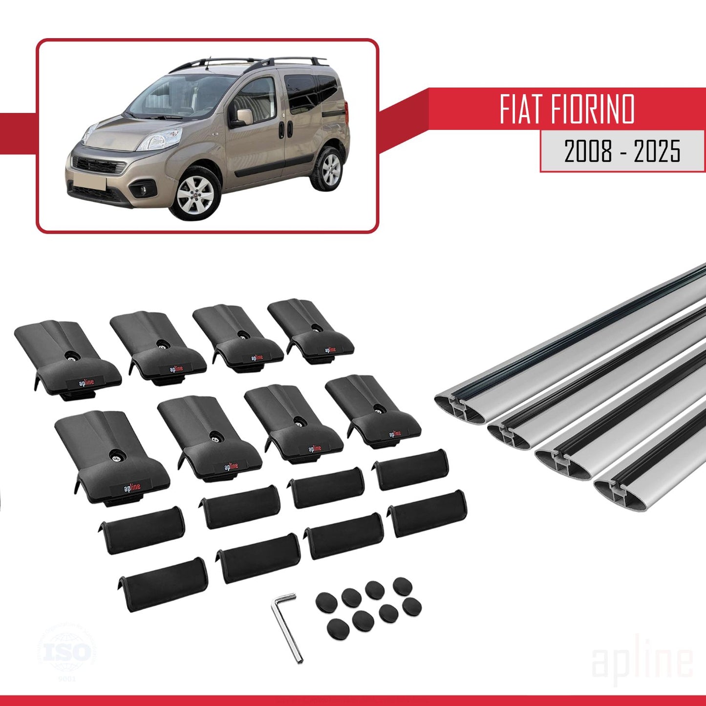 Compatible avec Fiat Fiorino (Modèle Tubulaire) 2008-2025 FLY Model Barres de Toit Railing Porte-Bagages de Voiture Gris Aluminium 4 Barres