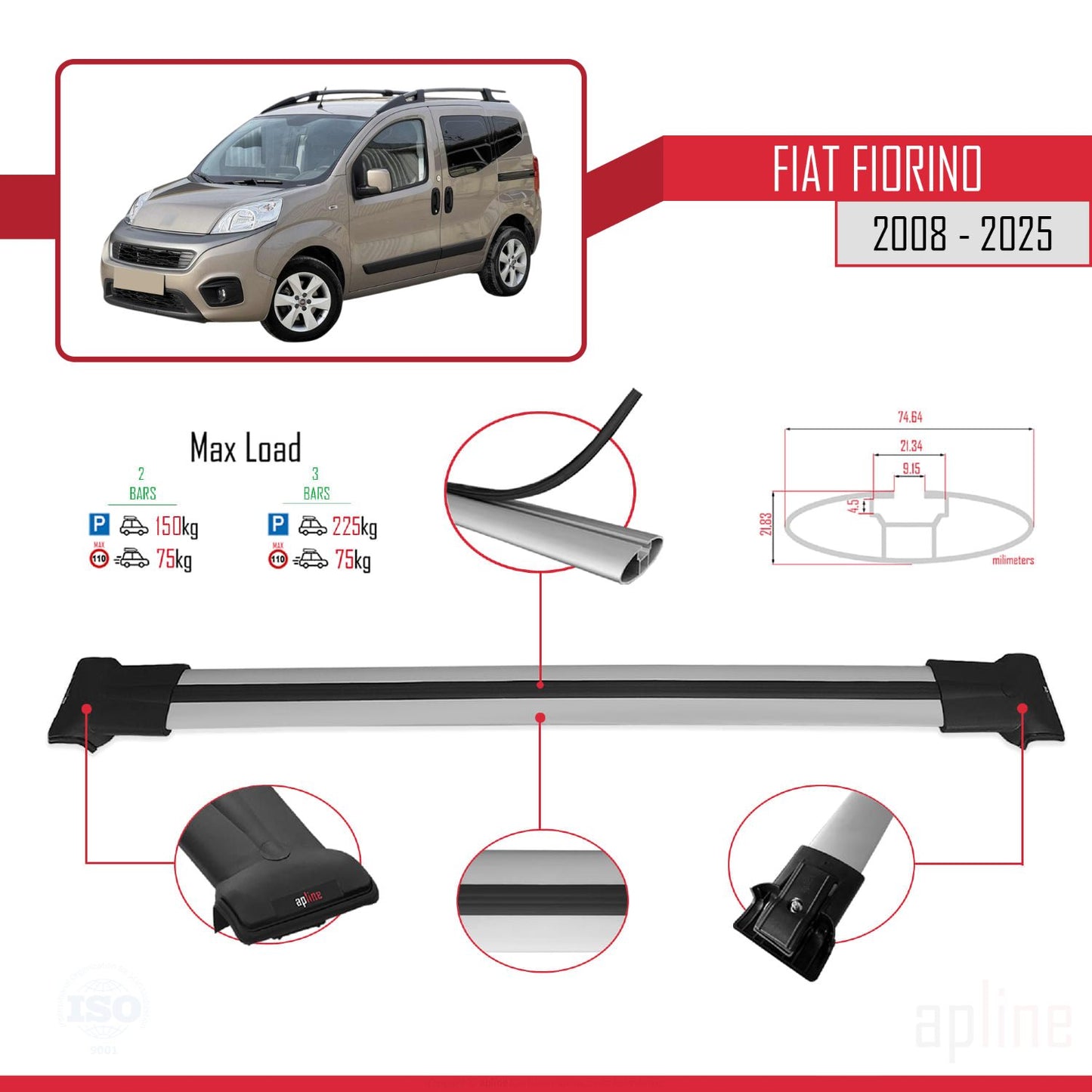 Compatibile con Fiat Fiorino (Modello Tubolare) Modello FLY Barre Portatutto Railing Portapacchi Auto Alluminio Grigio 2 Barre