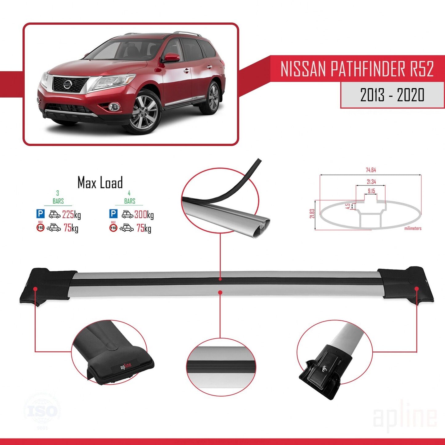 Compatibile con Nissan Pathfinder 4 (R52) 2013-2020 FLY Model Barre Tetto Portapacchi Auto Barre Portatutto Grigo Alluminio 3 Barre