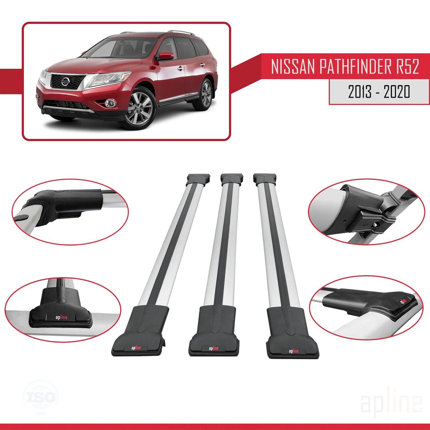 Compatibile con Nissan Pathfinder 4 (R52) 2013-2020 FLY Model Barre Tetto Portapacchi Auto Barre Portatutto Grigo Alluminio 3 Barre