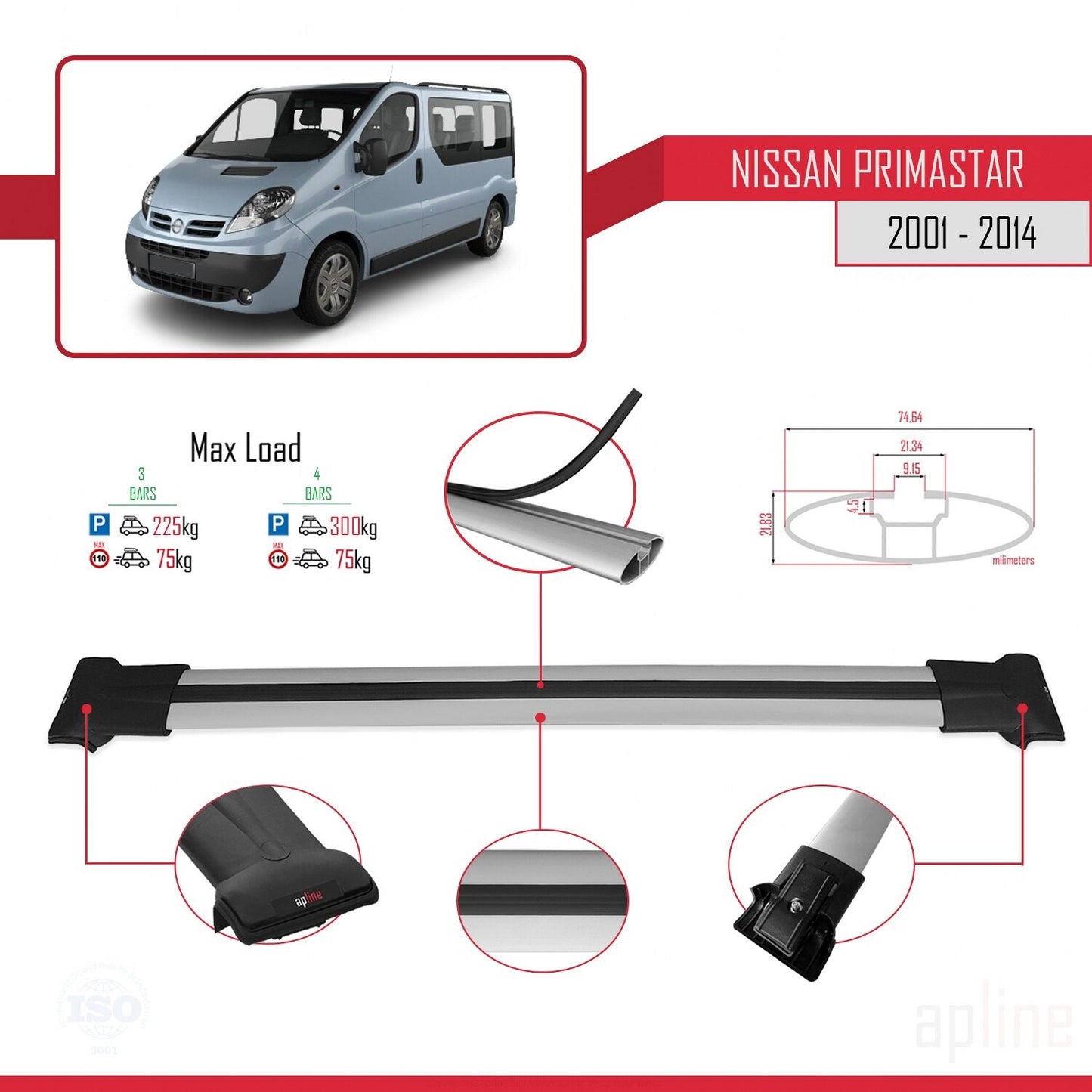 FLY Model Dakdrager bagagedrager compatibel met Nissan Primastar 2001-2014 Spoorstaven Grijs Aluminium 3 Staven