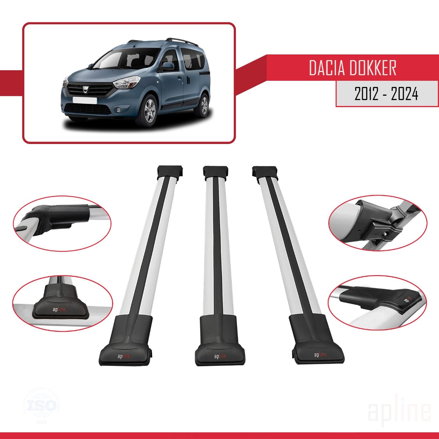 Compatible avec Dacia Dokker (K67) 2012-2024 FLY Model Barres de Toit Railing Porte-Bagages de Voiture Gris Aluminium 3 Barres