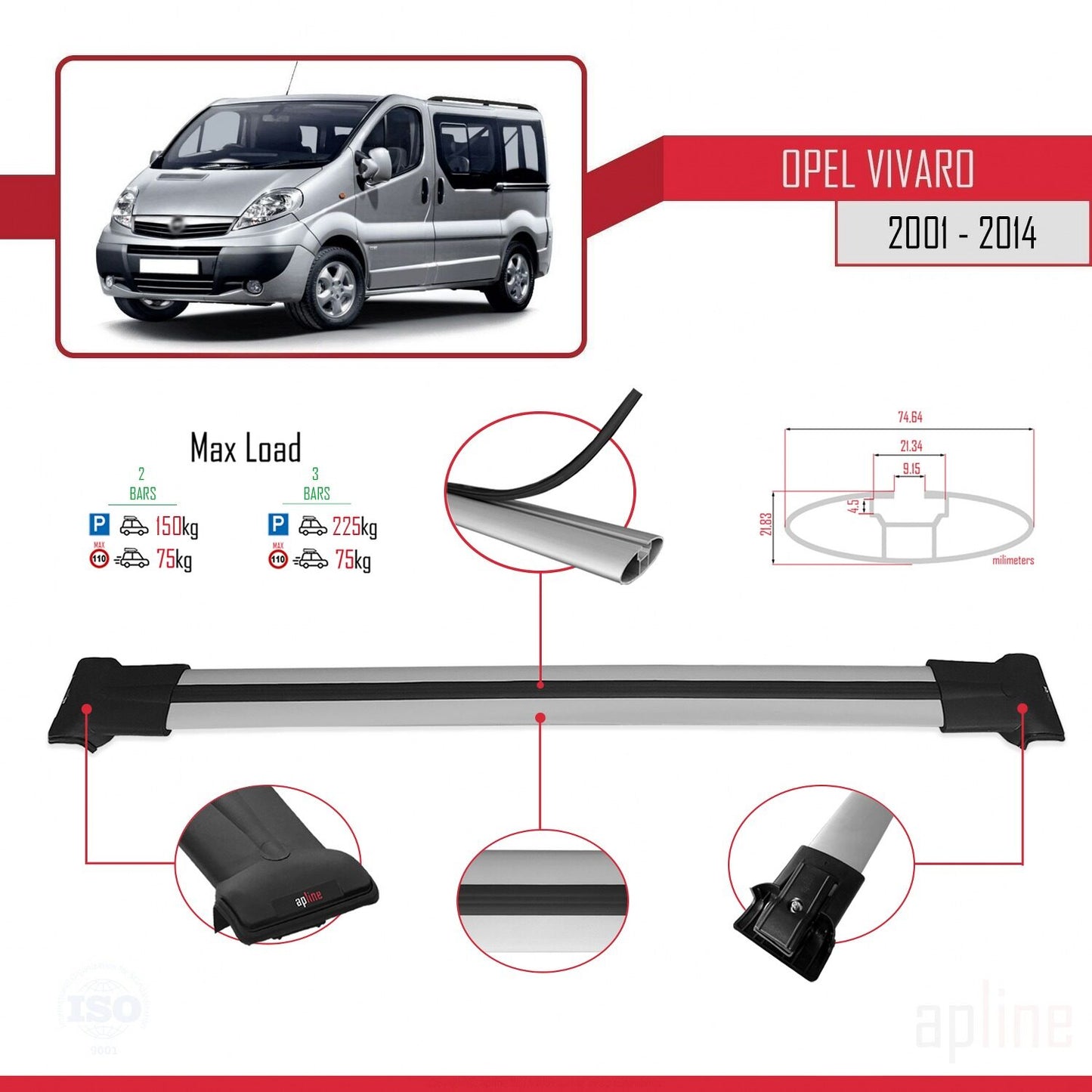 Compatible avec Opel Vivaro A 2001-2014 FLY Model Barres de Toit Railing Porte-Bagages de Voiture Gris Aluminium 2 Barres