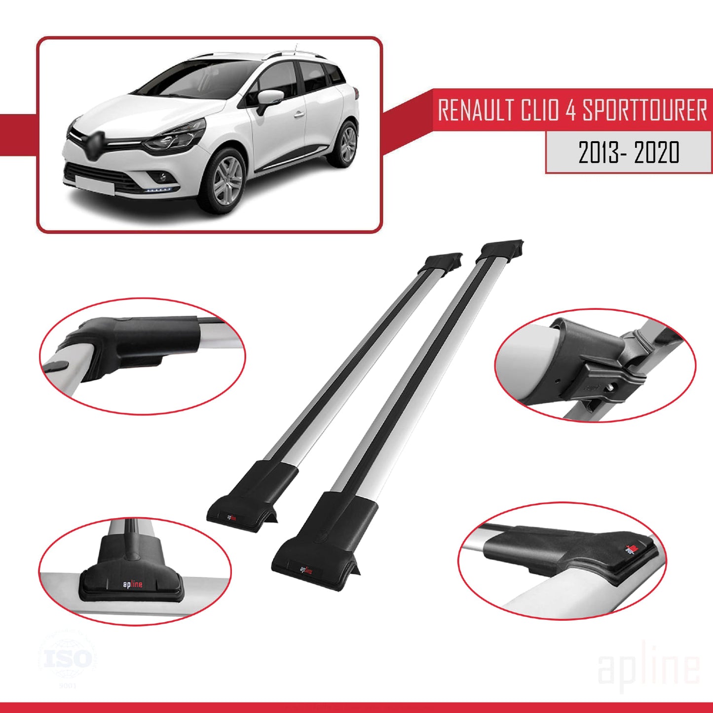 Kompatibel mit Renault Clio 4 ST 2013-2020 FLY Model Relingträger Dachträger Auto Gepäckträger Grau Aluminium 2 Stangen