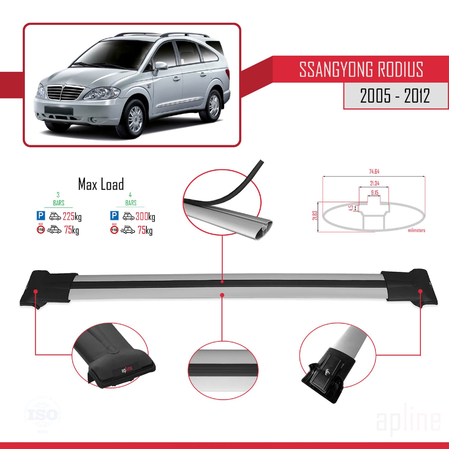 Compatible avec Ssangyong Rodius 2005-2012 FLY Model Barres de Toit Railing Porte-Bagages de Voiture Gris Aluminium 3 Barres