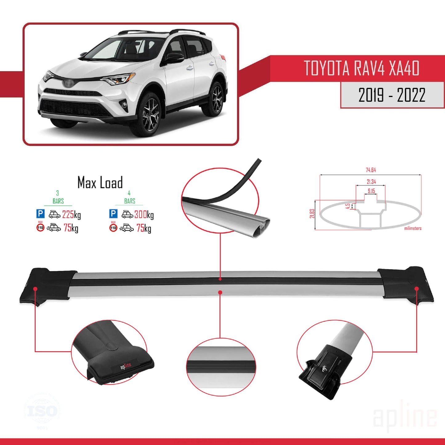 Compatible avec Toyota RAV4 IV (XA40) Post-Facelift 2016-2018 FLY Model Barres de Toit Railing Porte-Bagages de Voiture Gris Aluminium 3 Barres