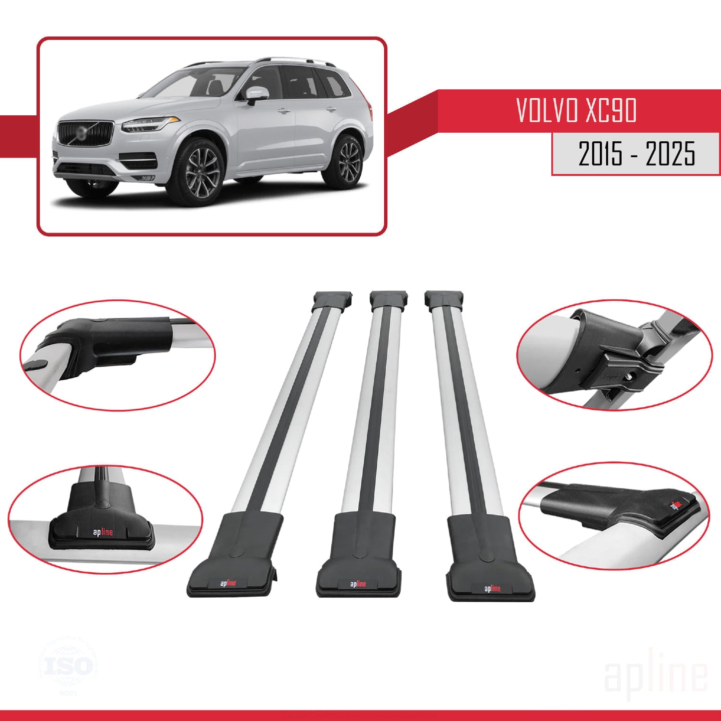 Compatible avec Volvo XC90 II 2015-2025 FLY Model Barres de Toit Railing Porte-Bagages de Voiture Gris Aluminium 3 Barres