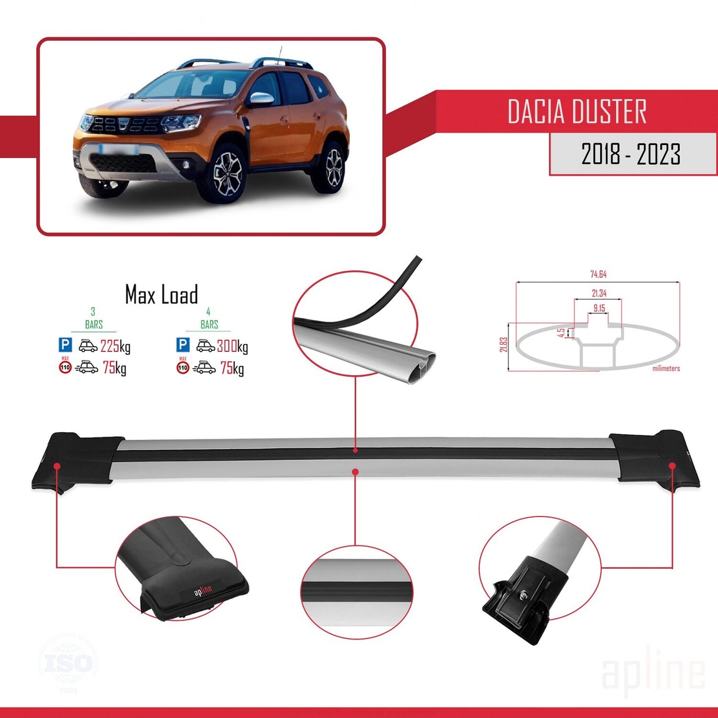 Compatible avec Dacia Duster 2 (HM) 2018-2024 FLY Model Barres de Toit Railing Porte-Bagages de Voiture Gris Aluminium 3 Barres
