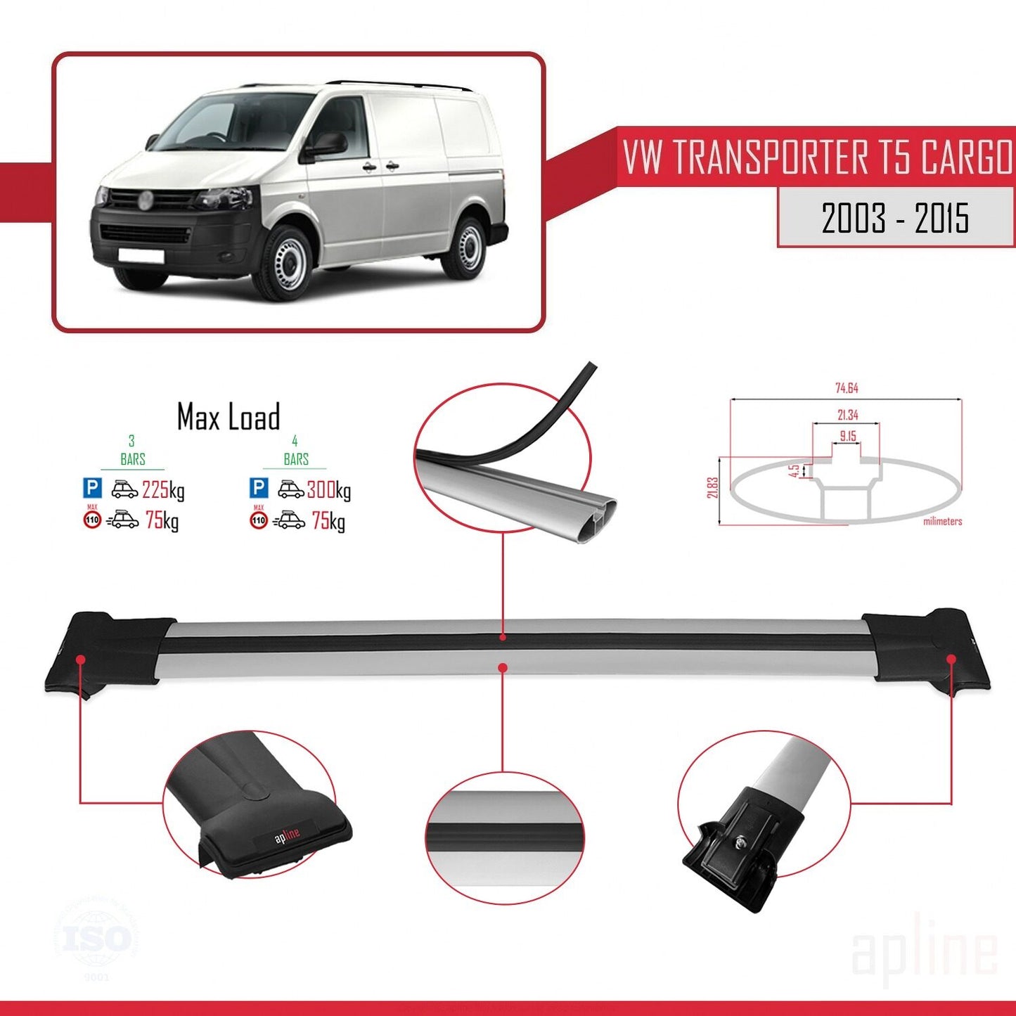 Compatibile con Volkswagen T5 Transporter 2003-2015 FLY Model Barre Tetto Portapacchi Auto Barre Portatutto Grigo Alluminio 4 Barre