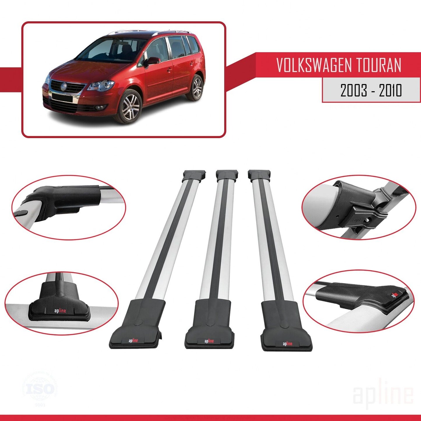 Compatible con Volkswagen Touran (1T) Pre-Facelift 2003-2010 FLY Model Barras de Techo Auto Portaequipajes Barras Transversales Gris Aluminio 3 Barras