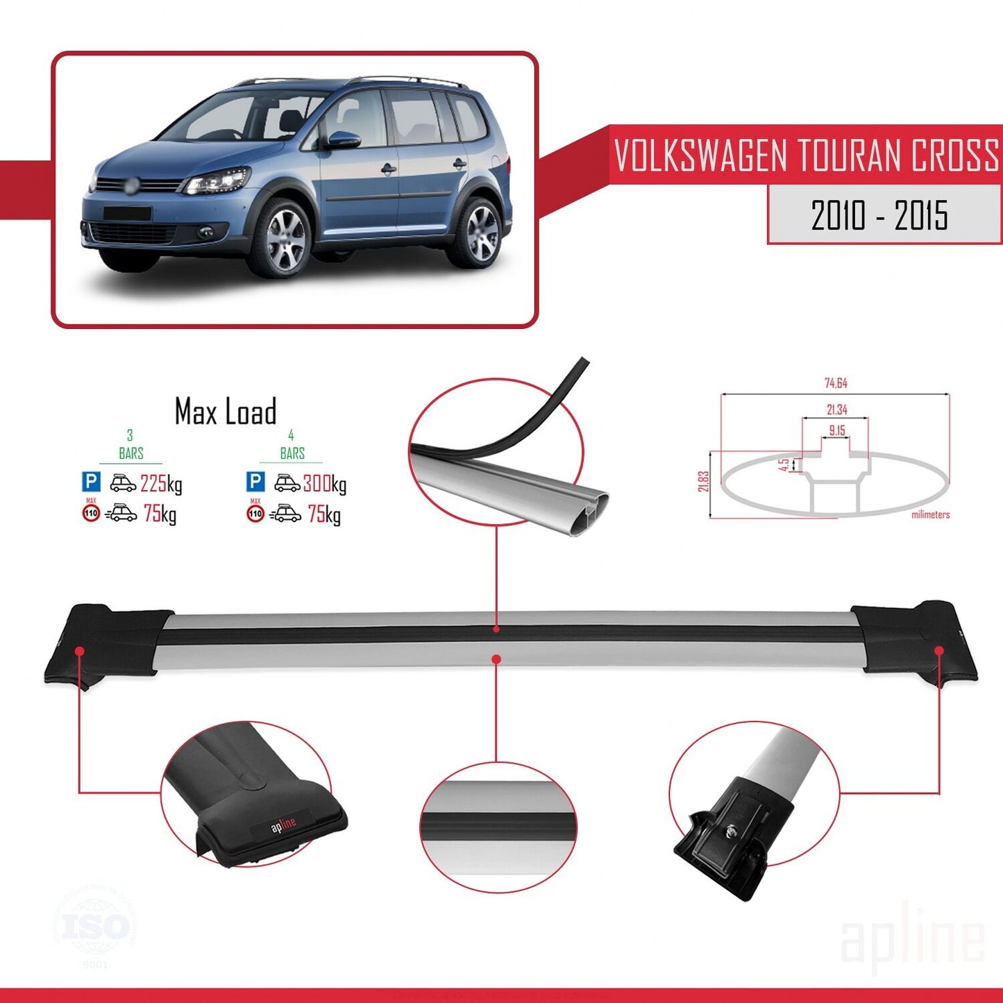 FLY Model Dakdrager bagagedrager compatibel met Volkswagen Touran Cross Post-Facelift 2010-2015 Spoorstaven Grijs Aluminium 3 Staven