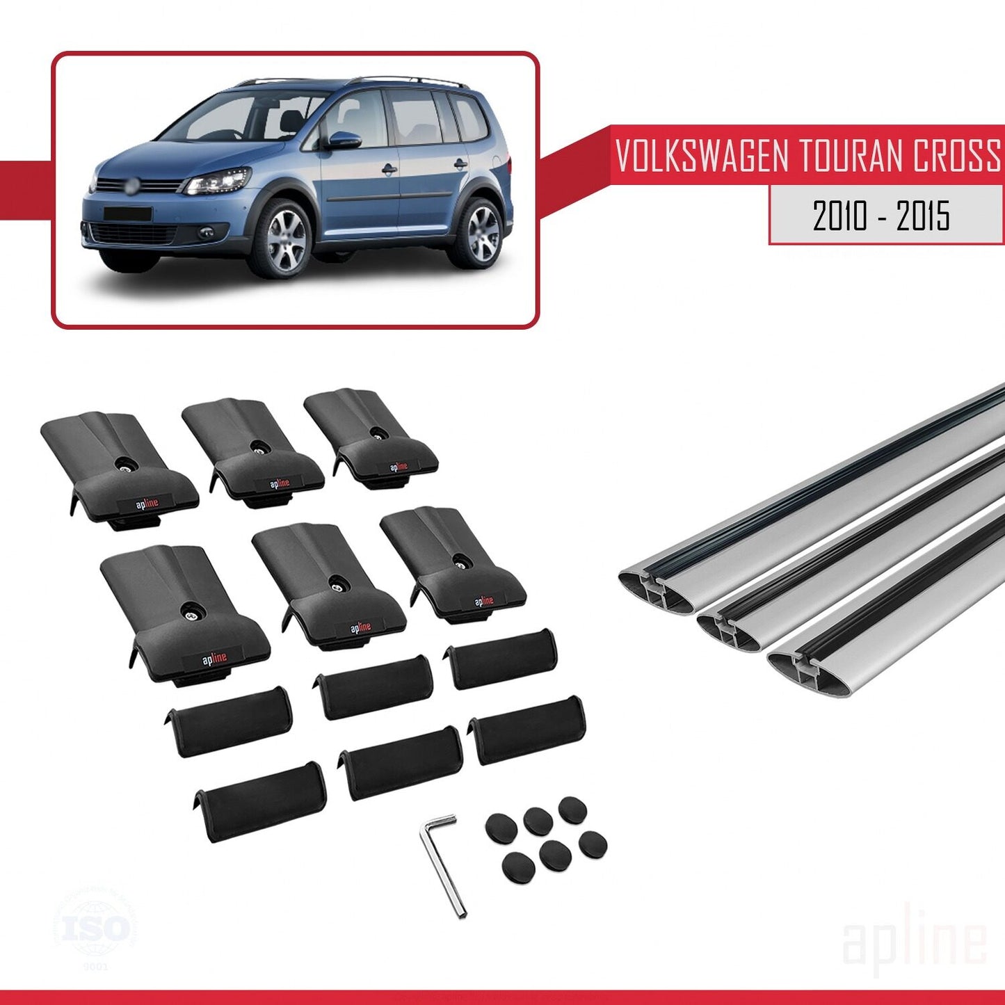 FLY Model Dakdrager bagagedrager compatibel met Volkswagen Touran Cross Post-Facelift 2010-2015 Spoorstaven Grijs Aluminium 3 Staven