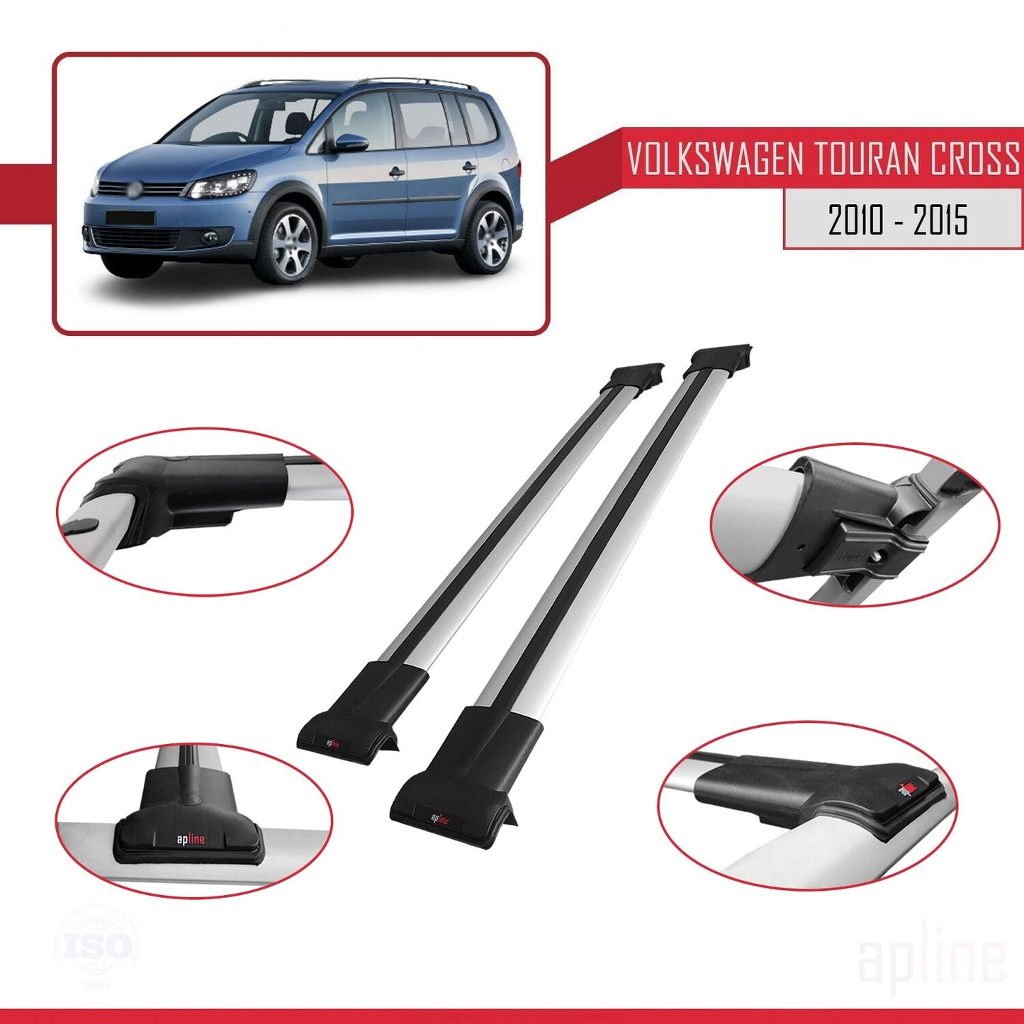 FLY Model Dakdrager bagagedrager compatibel met Volkswagen Touran Cross Post-Facelift 2010-2015 Spoorstaven Grijs Aluminium 3 Staven
