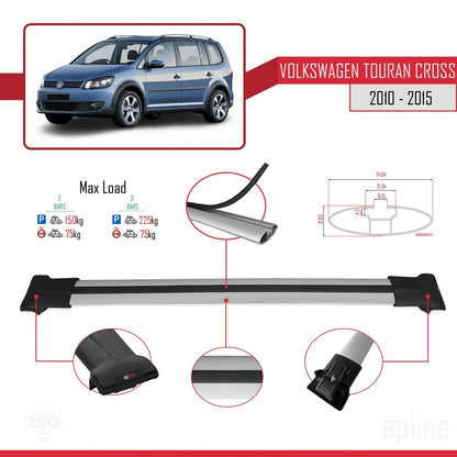FLY Model Dakdrager bagagedrager compatibel met Volkswagen Touran Cross Post-Facelift 2010-2015 Spoorstaven Grijs Aluminium 3 Staven