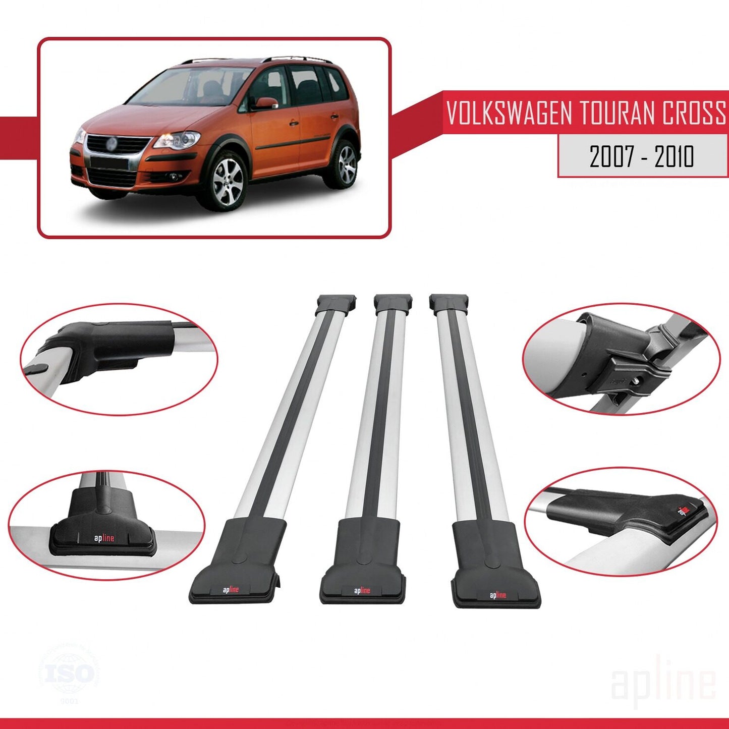 Compatible con Volkswagen Touran Cross Pre-Facelift 2007-2010 FLY Model Barras de Techo Auto Portaequipajes Barras Transversales Gris Aluminio 3 Barras