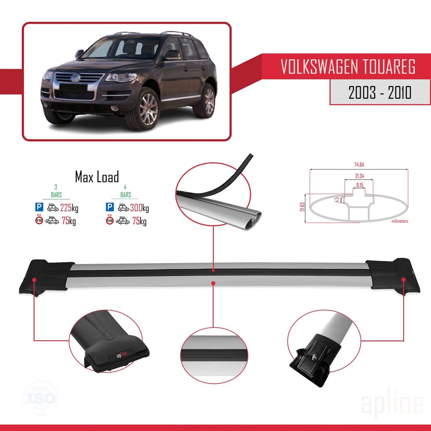 Kompatibel mit Volkswagen Touareg (7L) 2002-2010 FLY Model Relingträger Dachträger Auto Gepäckträger Grau Aluminium 3 Stangen