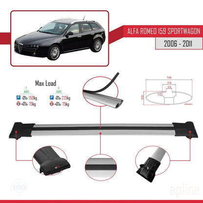 Compatibile con Alfa Romeo 159 (T939) Station Wagon 2006-2011 Modello FLY Barre Portatutto Portapacchi Auto Alluminio Grigio 2 Barre