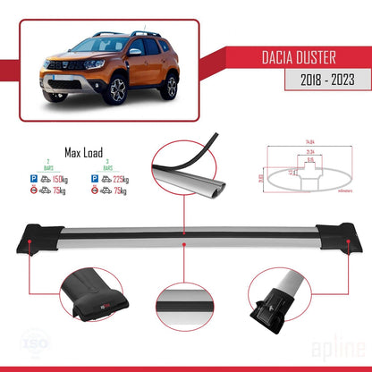 Compatible avec Dacia Duster 2 (HM) 2018-2024 FLY Model Barres de Toit Railing Porte-Bagages de Voiture Gris Aluminium 2 Barres
