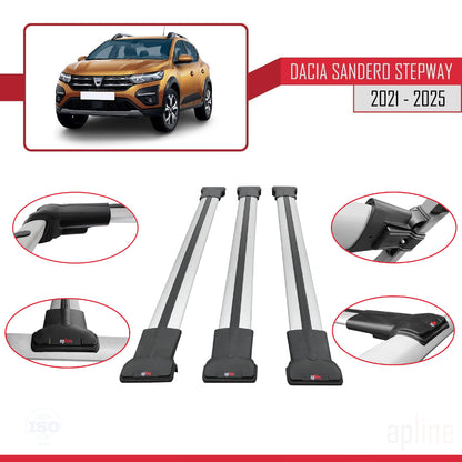 Compatible avec Dacia Sandero Stepway 3 2021-2025 FLY Model Barres de Toit Railing Porte-Bagages de Voiture Gris Aluminium 3 Barres