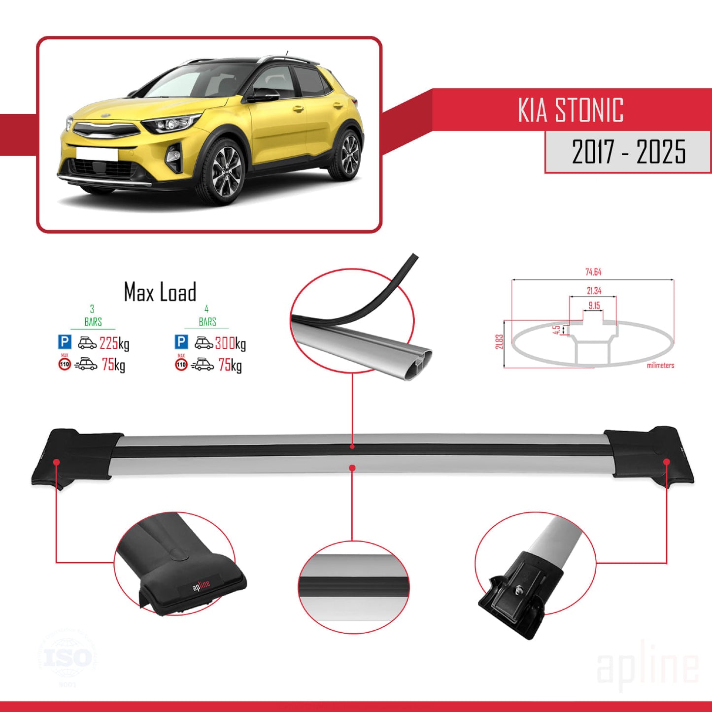 Compatible avec Kia Stonic 2017-2025 FLY Model Barres de Toit Railing Porte-Bagages de Voiture Gris Aluminium 3 Barres