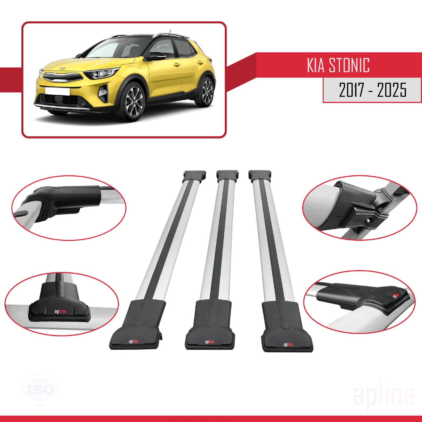 Compatible avec Kia Stonic 2017-2025 FLY Model Barres de Toit Railing Porte-Bagages de Voiture Gris Aluminium 3 Barres