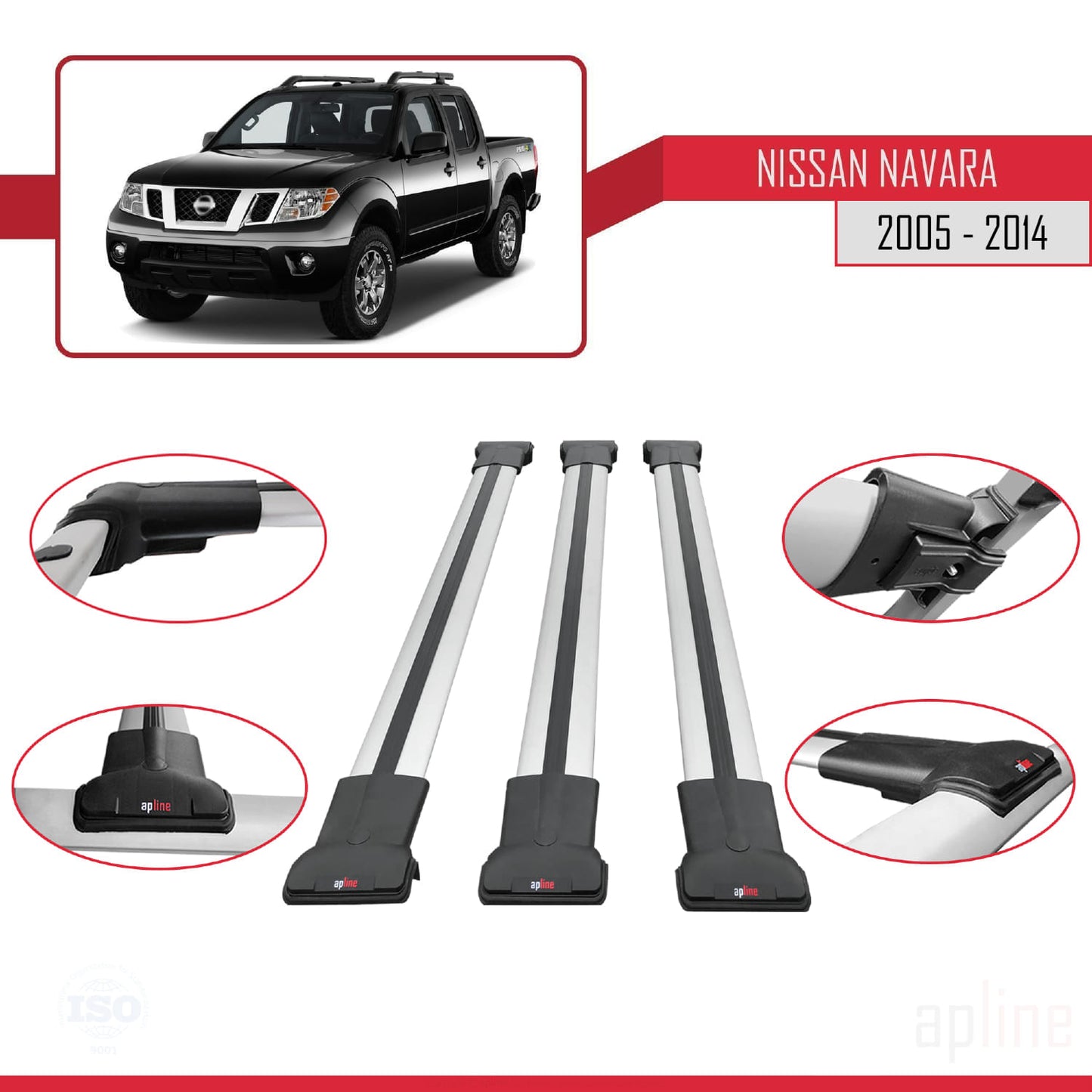 Compatible avec Nissan Navara 3 (D40) 2005-2014 FLY Model Barres de Toit Railing Porte-Bagages de Voiture Gris Aluminium 3 Barres