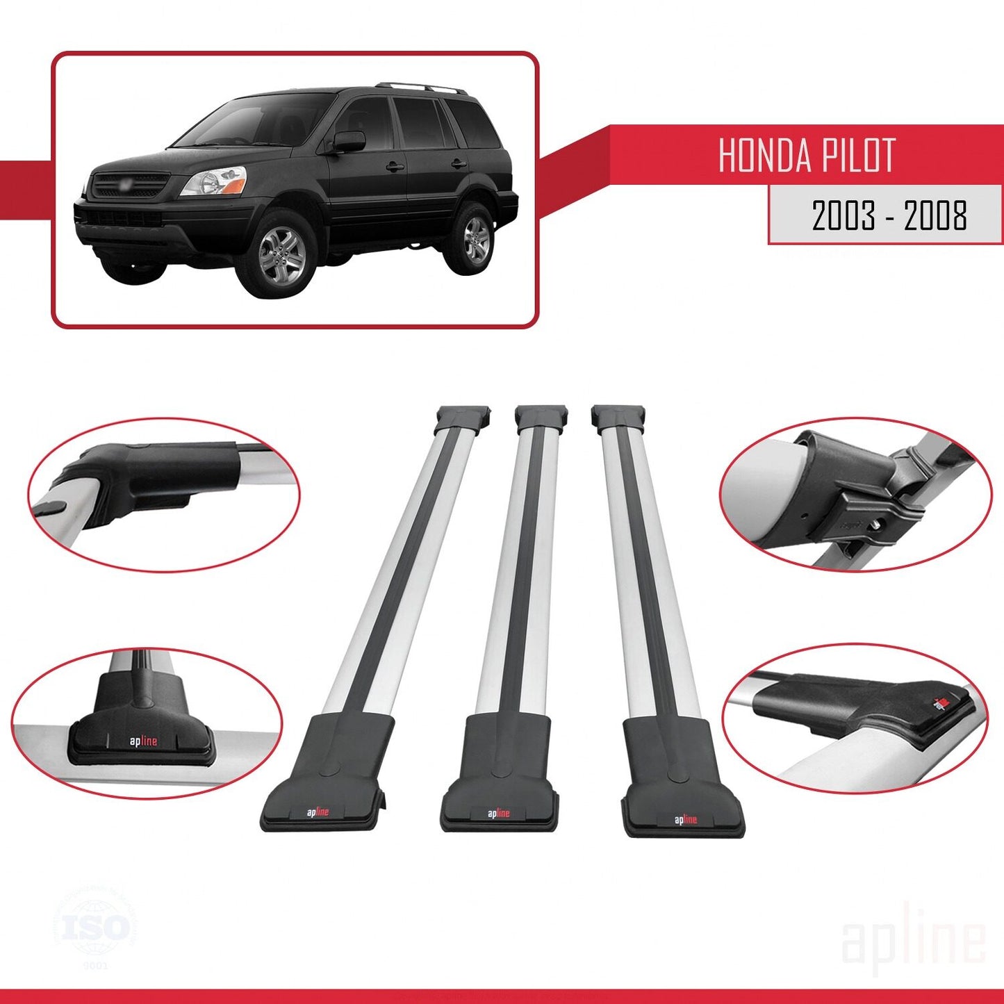 Compatible avec Honda Pilot 2003-2008 FLY Model Barres de Toit Railing Porte-Bagages de Voiture Gris Aluminium 3 Barres