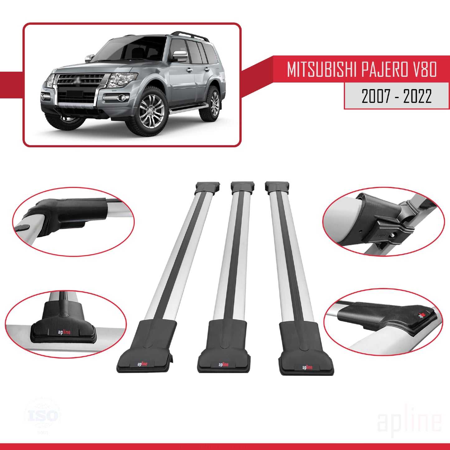 Compatible avec Mitsubishi Pajero (V80) 2007-2022 FLY Model Barres de Toit Railing Porte-Bagages de Voiture Gris Aluminium 3 Barres