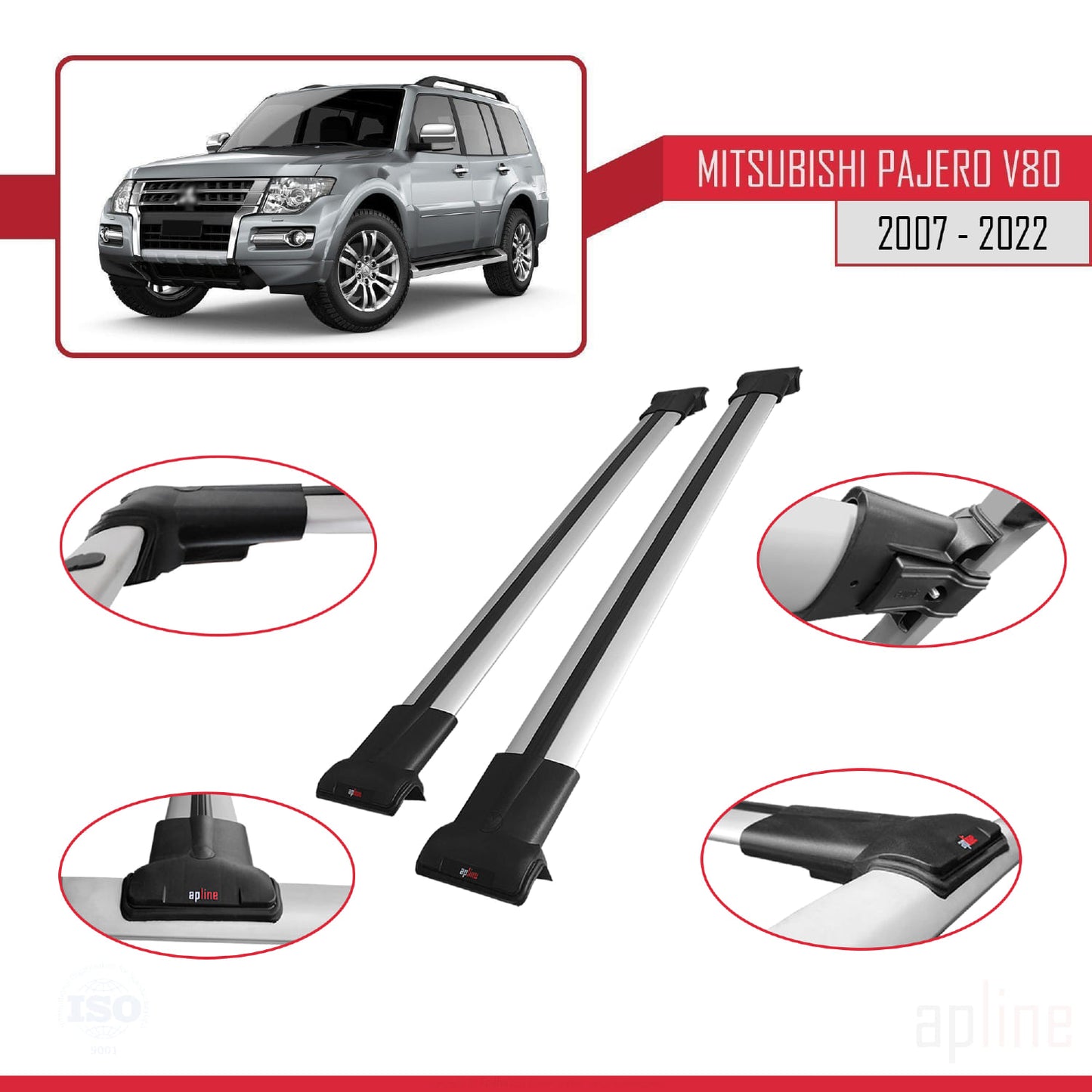 Compatible avec Mitsubishi Pajero (V80) 2007-2022 FLY Model Barres de Toit Railing Porte-Bagages de Voiture Gris Aluminium 2 Barres