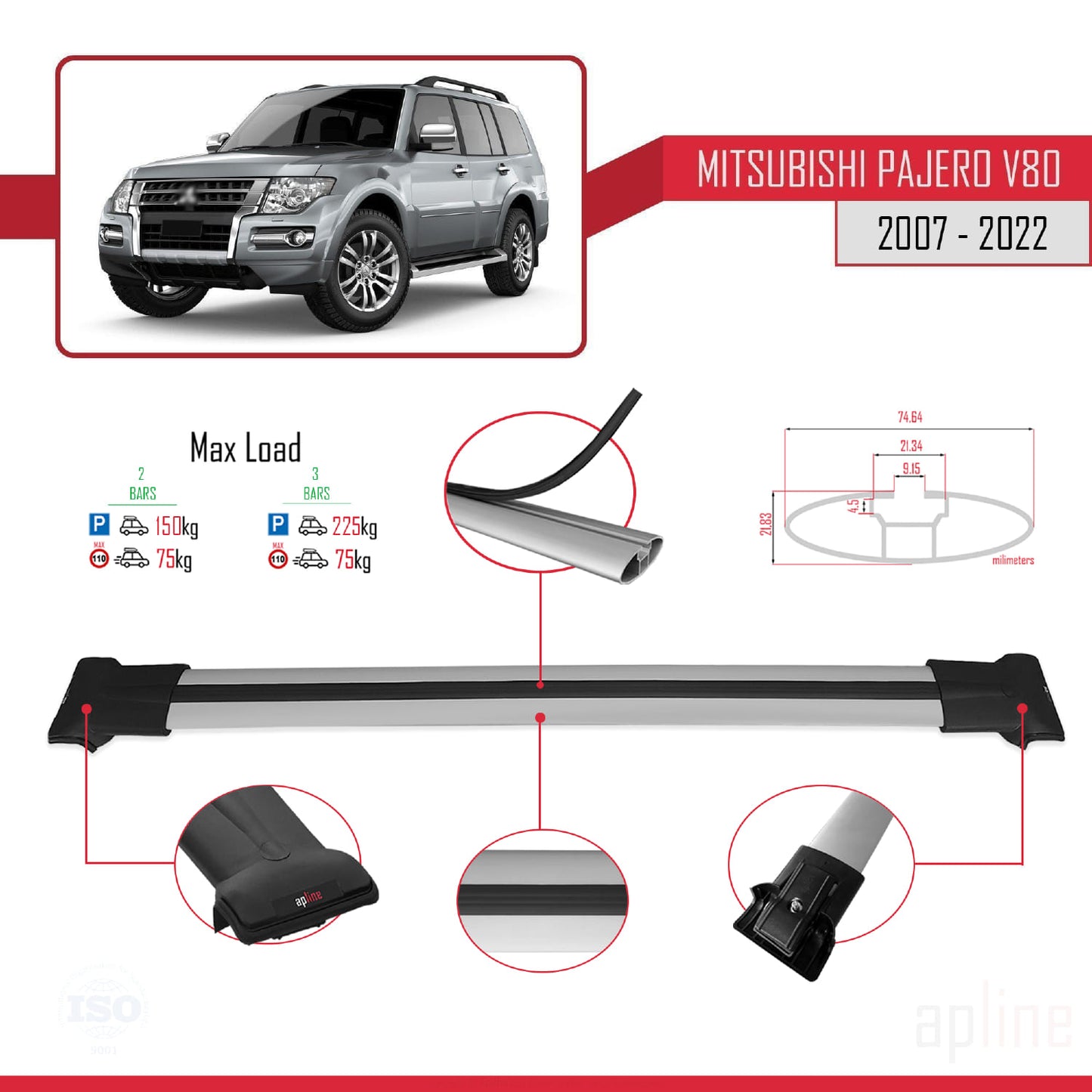 Compatible avec Mitsubishi Pajero (V80) 2007-2022 FLY Model Barres de Toit Railing Porte-Bagages de Voiture Gris Aluminium 2 Barres