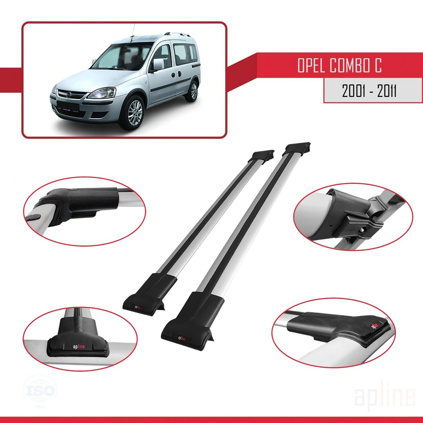 Compatible avec Opel Combo C 2001-2011 FLY Model Barres de Toit Railing Porte-Bagages de Voiture Gris Aluminium 2 Barres