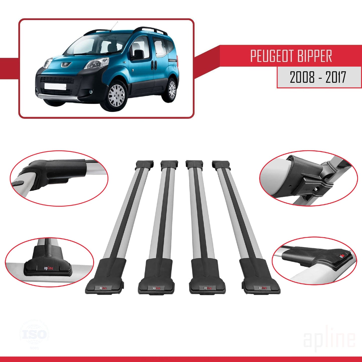 Compatible avec Peugeot Bipper 2008-2017 FLY Model Barres de Toit Railing Porte-Bagages de Voiture Gris Aluminium 4 Barres