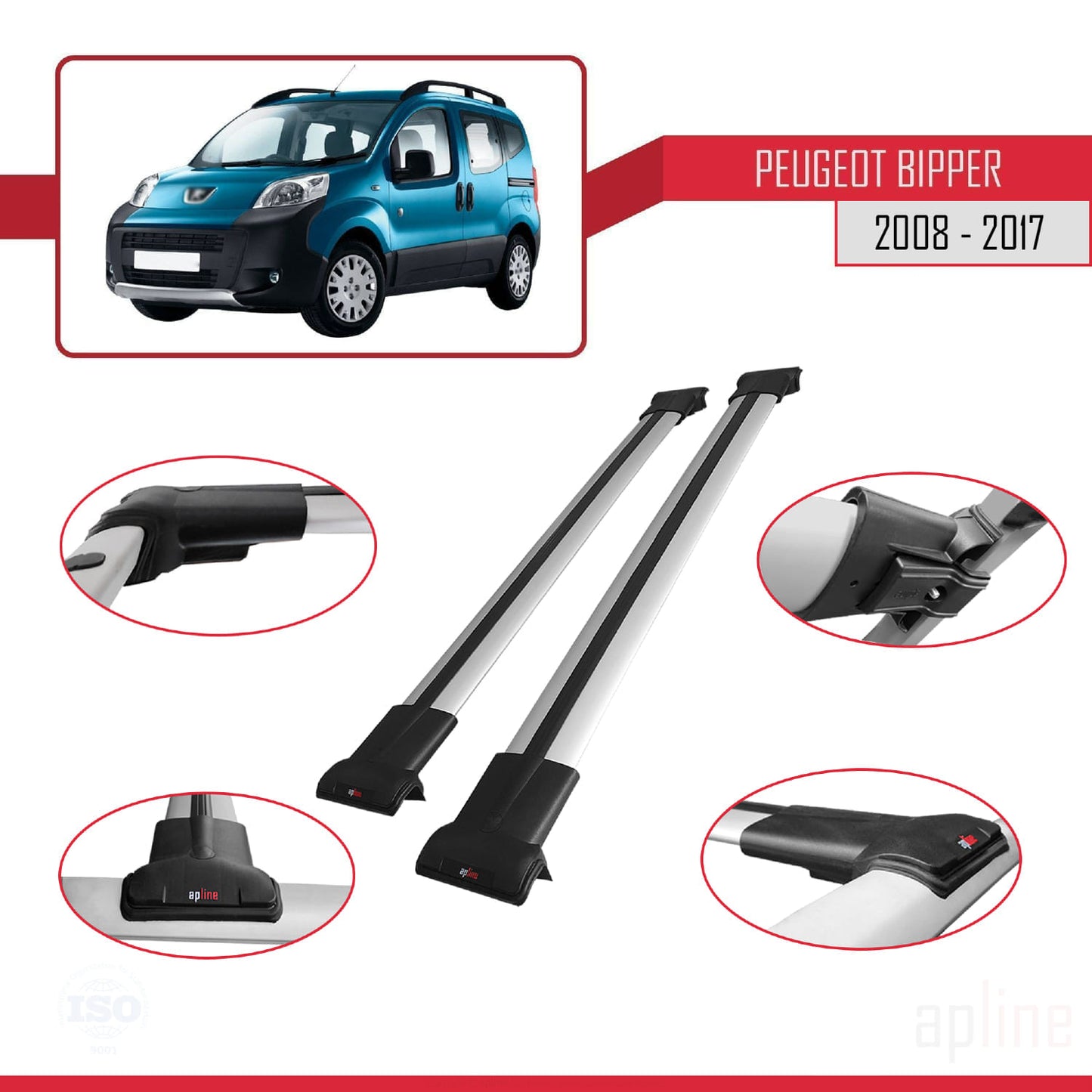 Compatible avec Peugeot Bipper 2008-2017 FLY Model Barres de Toit Railing Porte-Bagages de Voiture Gris Aluminium 2 Barres