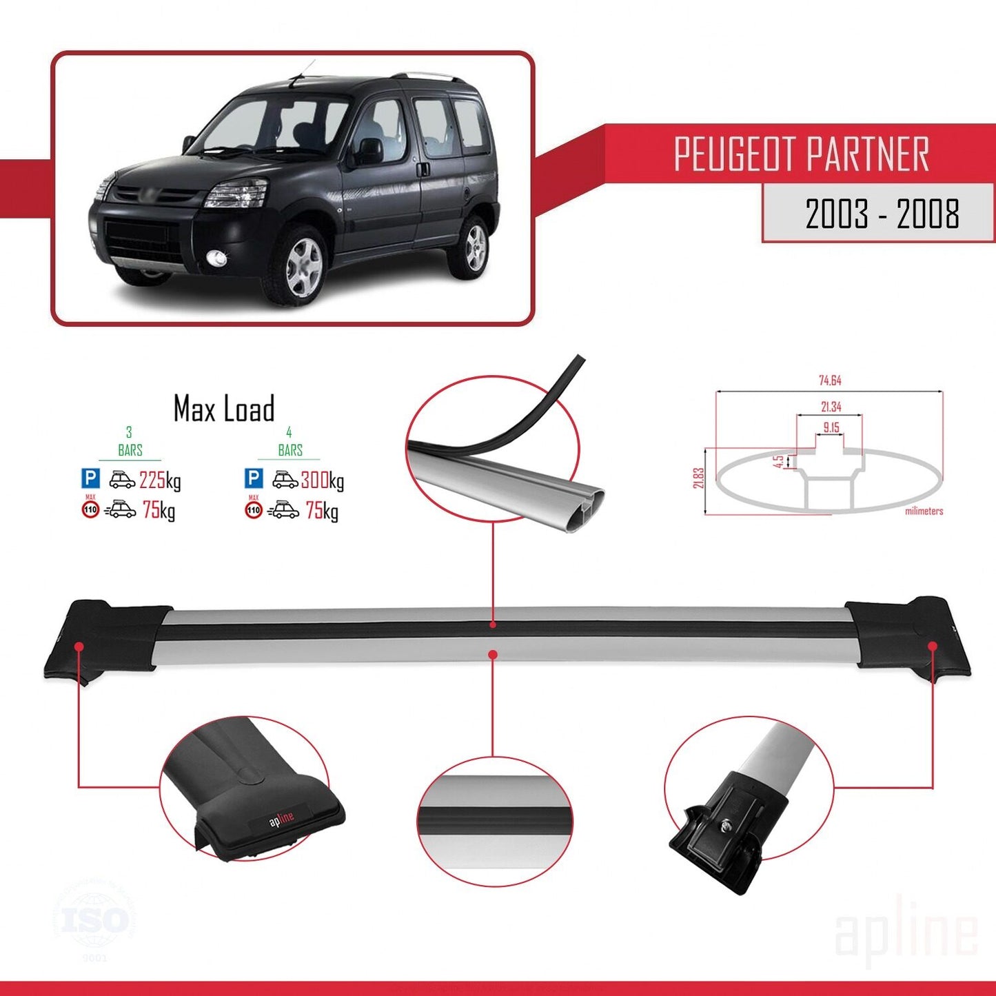 Compatible avec Peugeot Partner Post-Facelift 2003-2008 FLY Model Barres de Toit Railing Porte-Bagages de Voiture Gris Aluminium 4 Barres