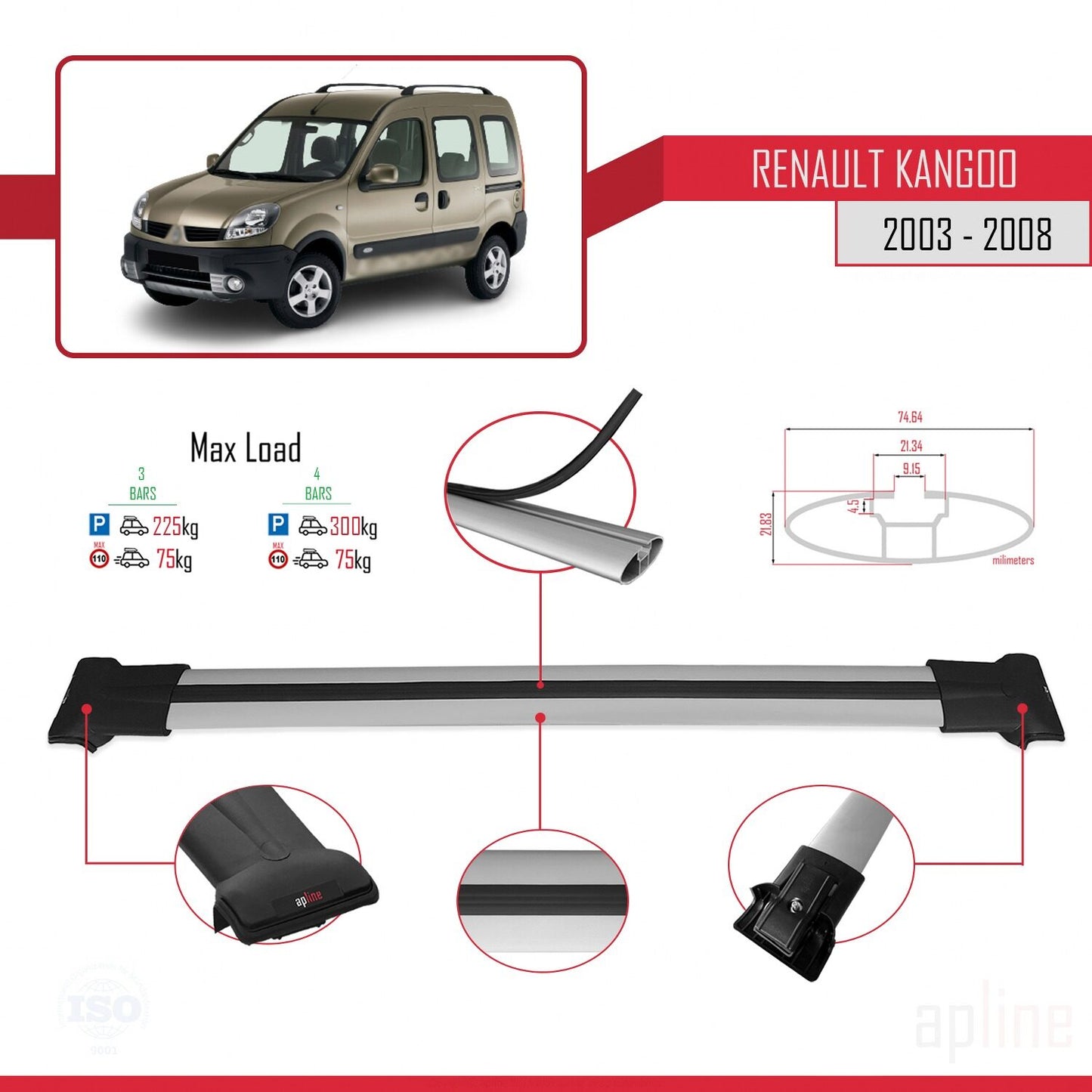 Compatible avec Renault Kangoo (X76) Post-Facelift 2003-2008 FLY Model Barres de Toit Railing Porte-Bagages de Voiture Gris Aluminium 3 Barres
