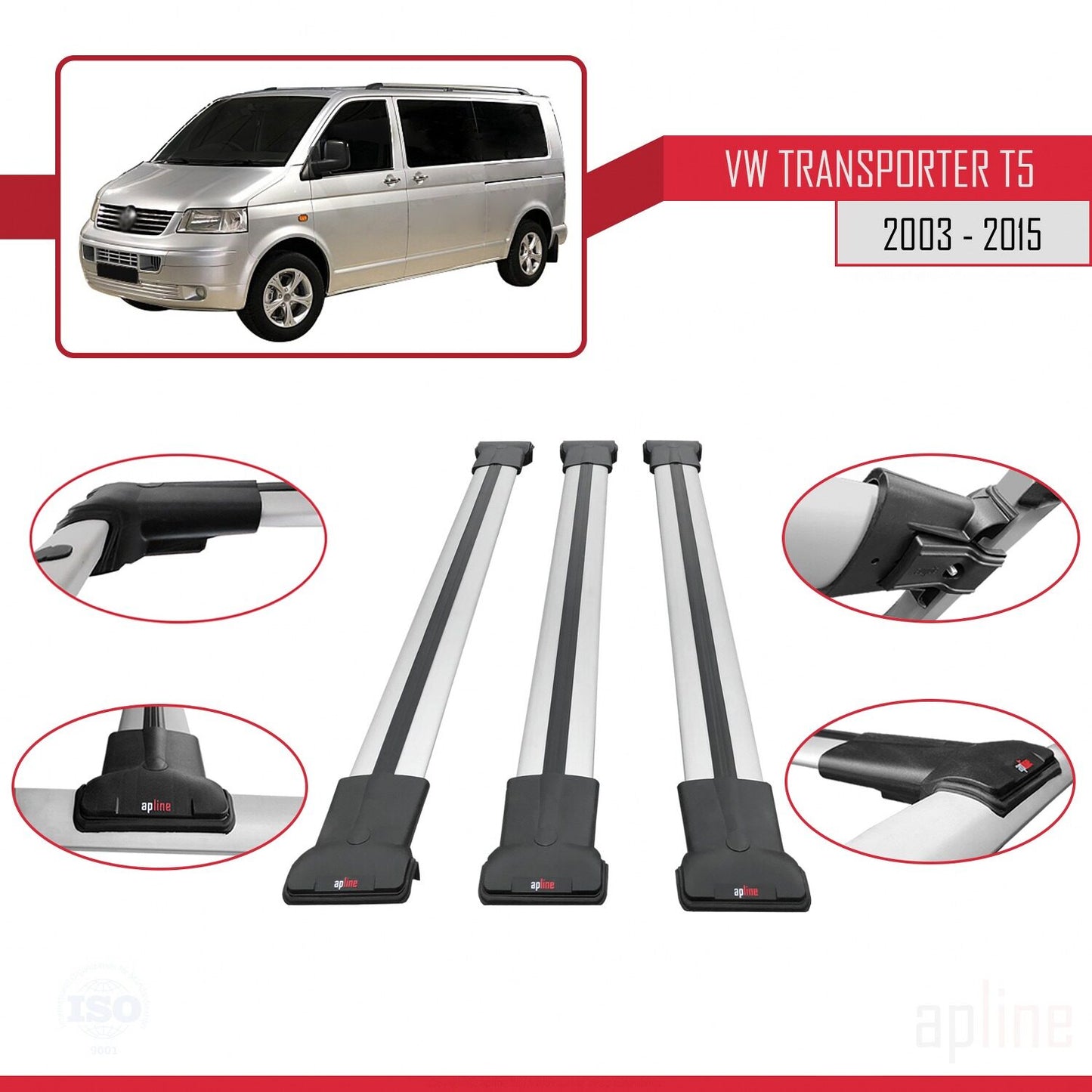 Compatibile con Volkswagen T5 Transporter 2003-2015 FLY Model Barre Tetto Portapacchi Auto Barre Portatutto Grigo Alluminio 3 Barre