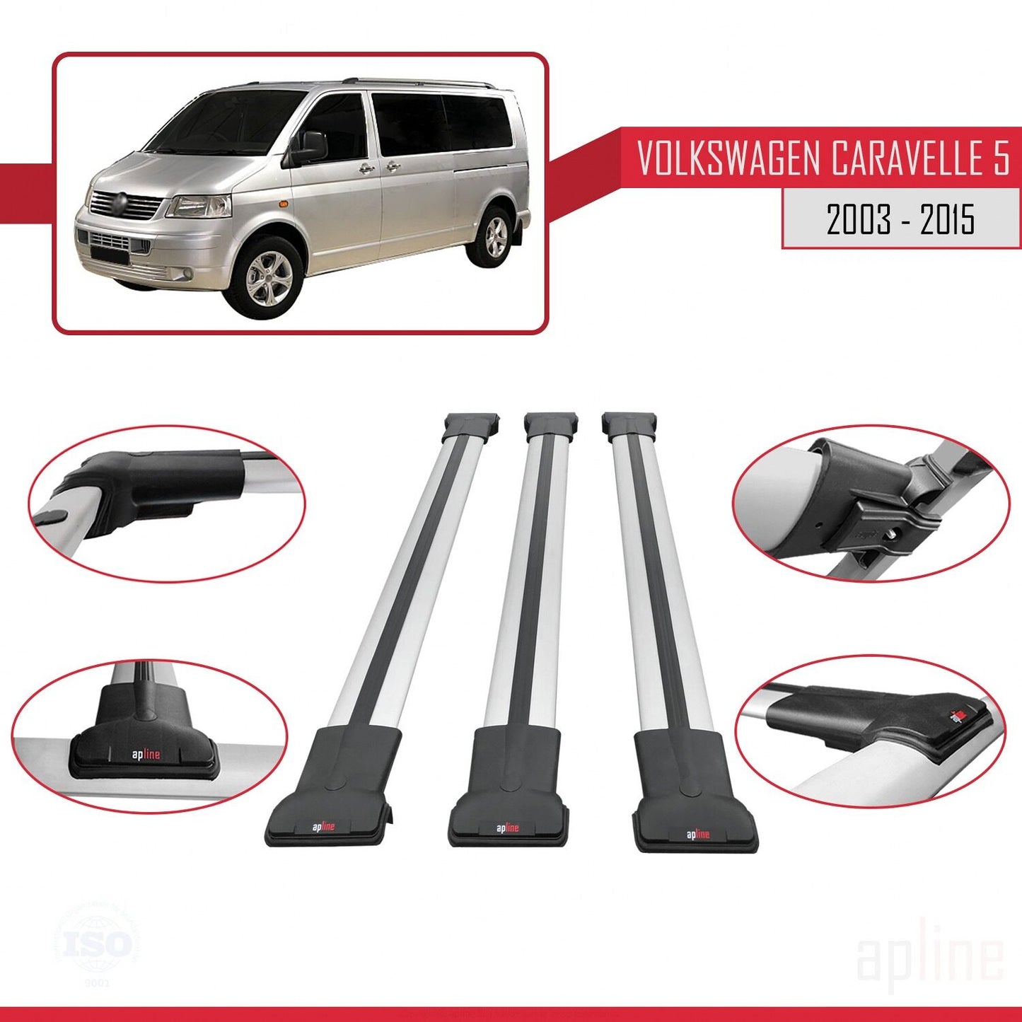 FLY Model Dakdrager bagagedrager compatibel met Volkswagen T5 Caravelle 2003-2015 Spoorstaven Grijs Aluminium 3 Staven