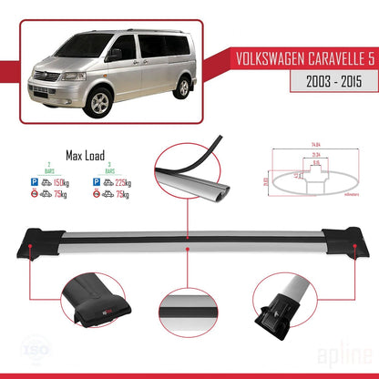 FLY Model Dakdrager bagagedrager compatibel met Volkswagen T5 Caravelle 2003-2015 Spoorstaven Grijs Aluminium 3 Staven