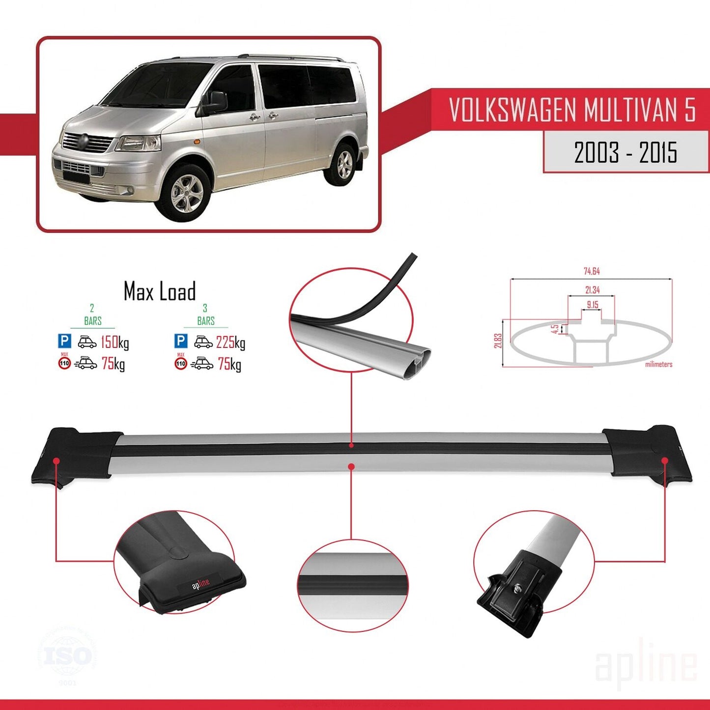 Kompatibel mit Volkswagen T5 Multivan 2003-2015 FLY Model Relingträger Dachträger Auto Gepäckträger Grau Aluminium 3 Stangen