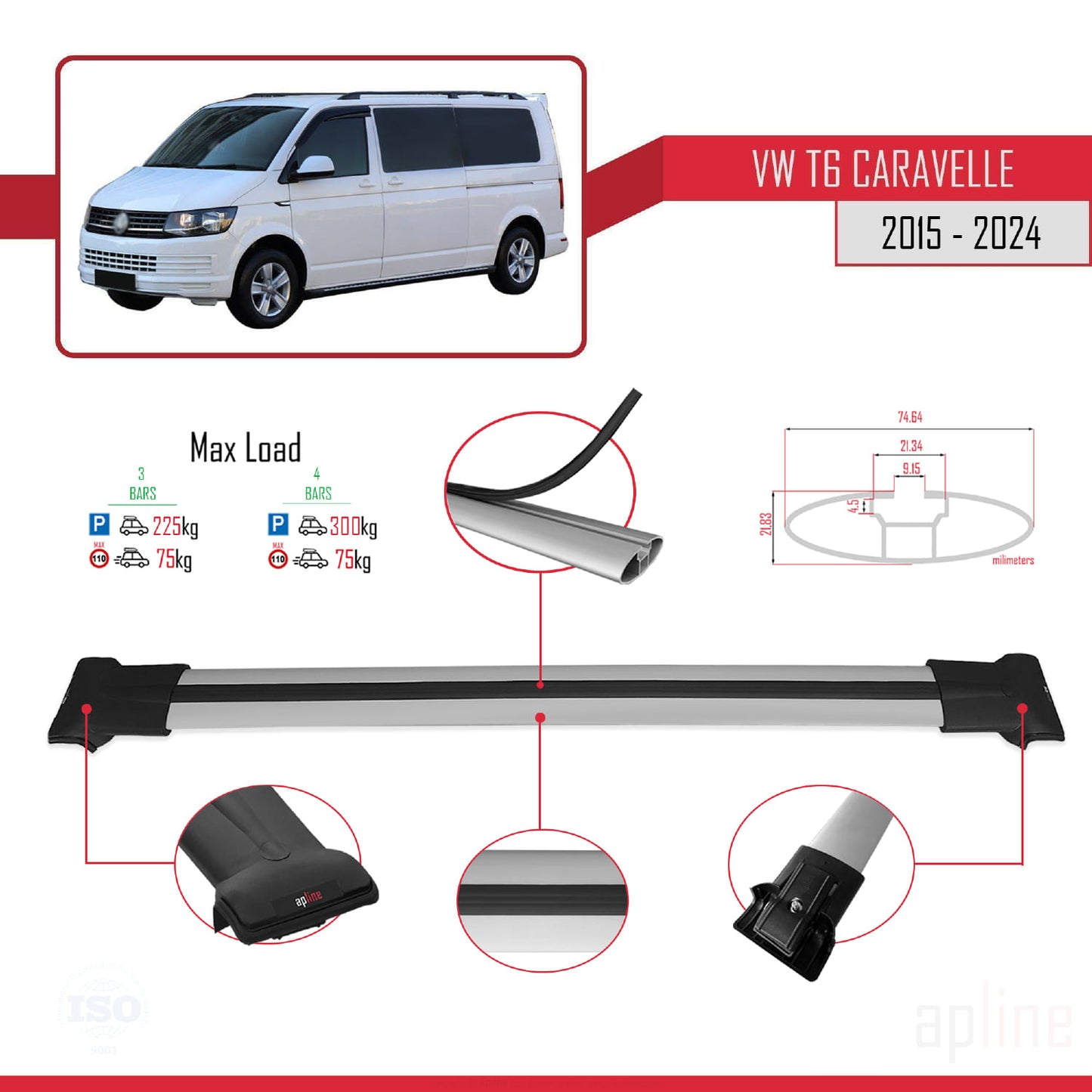 FLY Model Dakdrager bagagedrager compatibel met Volkswagen T6 Caravelle 2015-2024 Spoorstaven Grijs Aluminium 4 Staven
