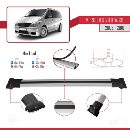 Compatible avec Mercedes Vito 2 (W639) Pre-Facelift 2003-2010 FLY Model Barres de Toit Railing Porte-Bagages de Voiture Gris Aluminium 2 Barres