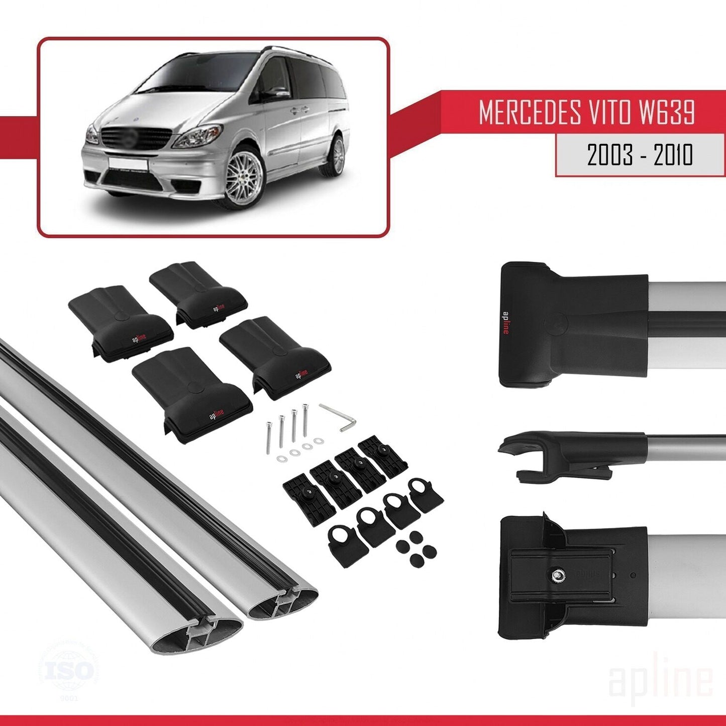 Compatible avec Mercedes Vito 2 (W639) Pre-Facelift 2003-2010 FLY Model Barres de Toit Railing Porte-Bagages de Voiture Gris Aluminium 2 Barres