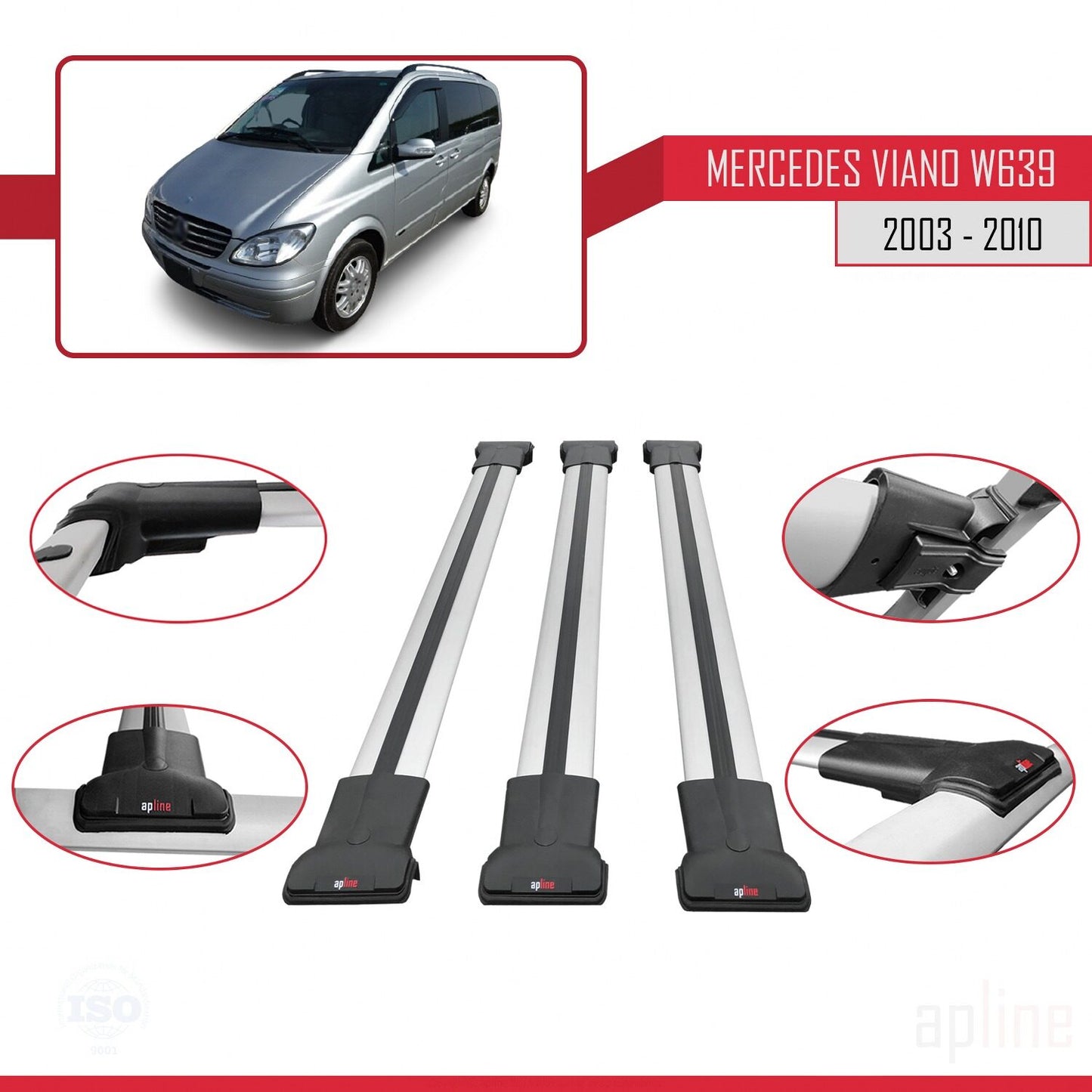 Compatible avec Mercedes Viano 2 (W639) Pre-Facelift 2003-2010 FLY Model Barres de Toit Railing Porte-Bagages de Voiture Gris Aluminium 3 Barres