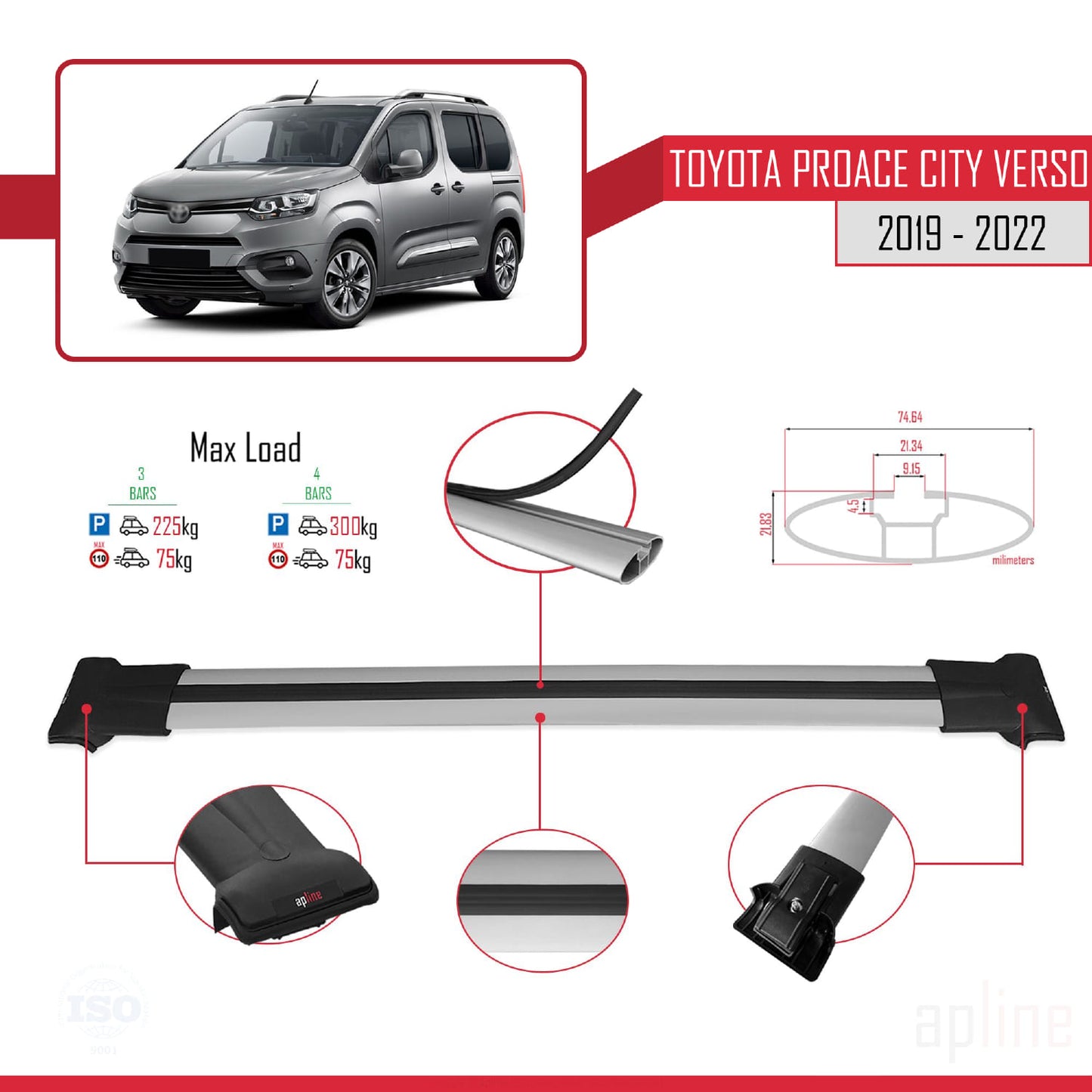 Compatible avec Toyota Proace City Verso 2019-2022 FLY Model Barres de Toit Railing Porte-Bagages de Voiture Gris Aluminium 3 Barres