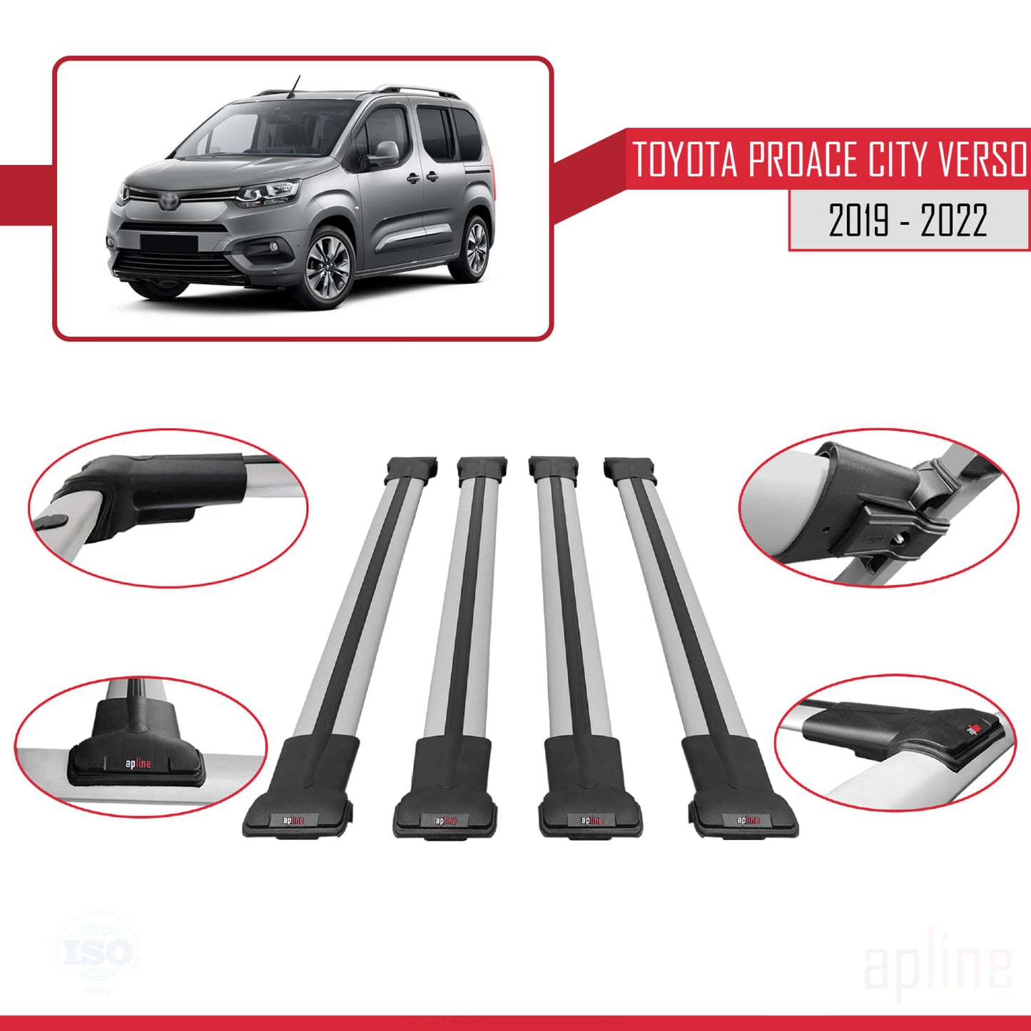 FLY Model Dakdrager bagagedrager compatibel met Toyota Proace City Verso 2019-2022 Spoorstaven Grijs Aluminium 4 Staven