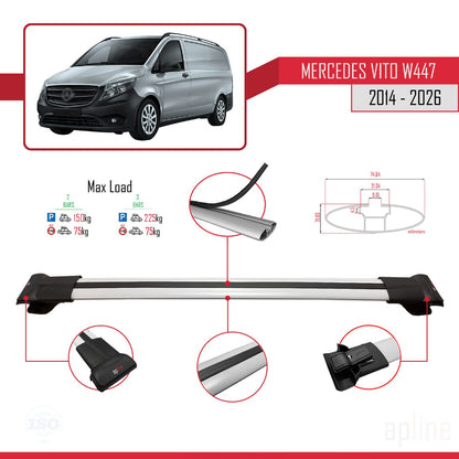 Compatible avec Mercedes Vito 3 (W447) 2014-2025 FLY Model Barres de Toit Railing Porte-Bagages de Voiture Gris Aluminium 3 Barres