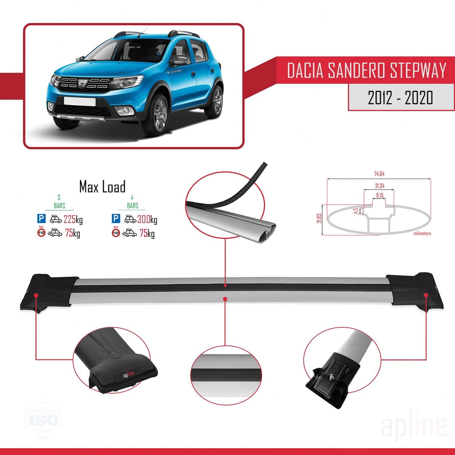 Compatible avec Dacia Sandero Stepway 2 2012-2020 FLY Model Barres de Toit Railing Porte-Bagages de Voiture Gris Aluminium 3 Barres